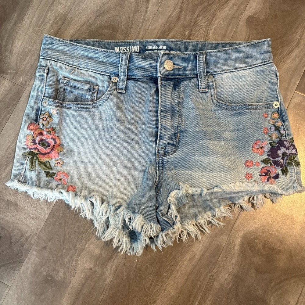 Embroidered High Rise Denim‎ Shorts Women's 2/26 Floral Mossimo Frayed Hem